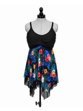 Kate Kasin Black and Floral Swim Dress and Shorts (XL)